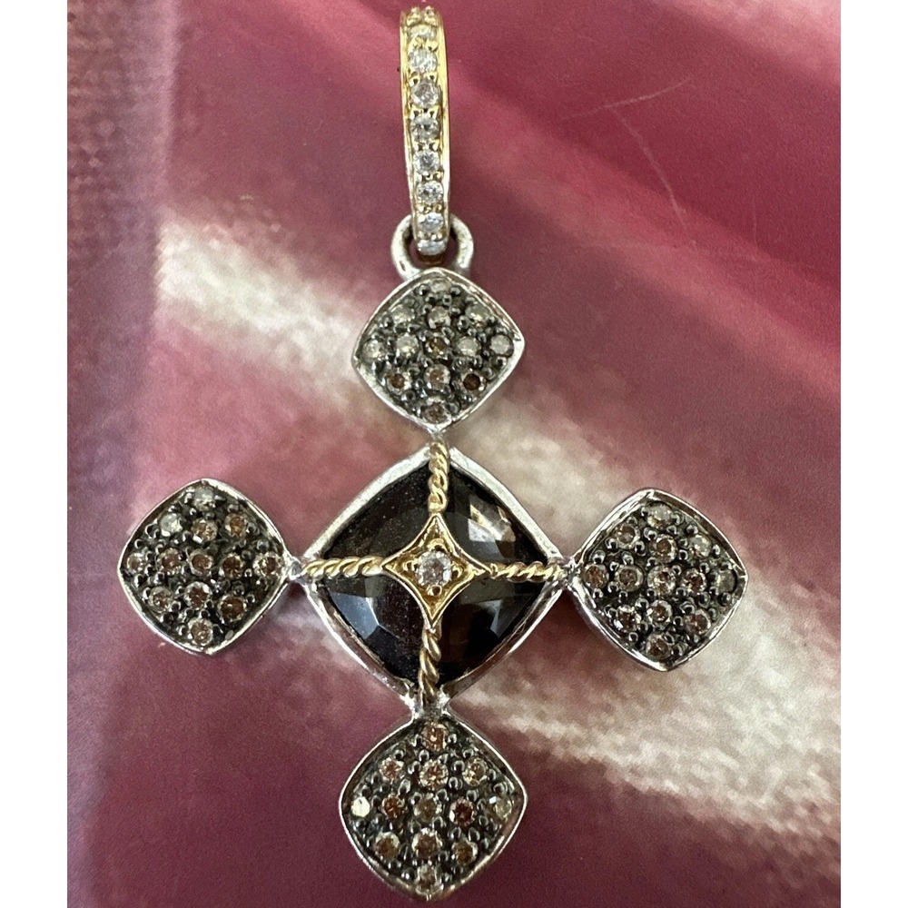 Lori Bonn 14k Yellow Gold and Sterling Silver Diamond Topaz Cross‎ Pendant
